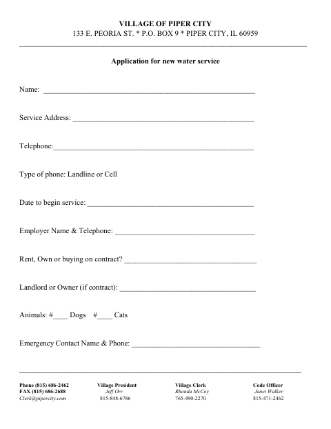 First page of the Application for New Water Service