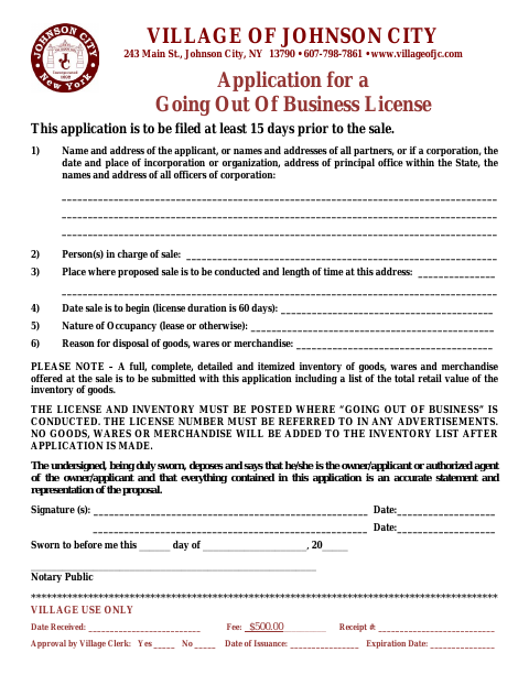 First page of the Going Out Of Business License Application