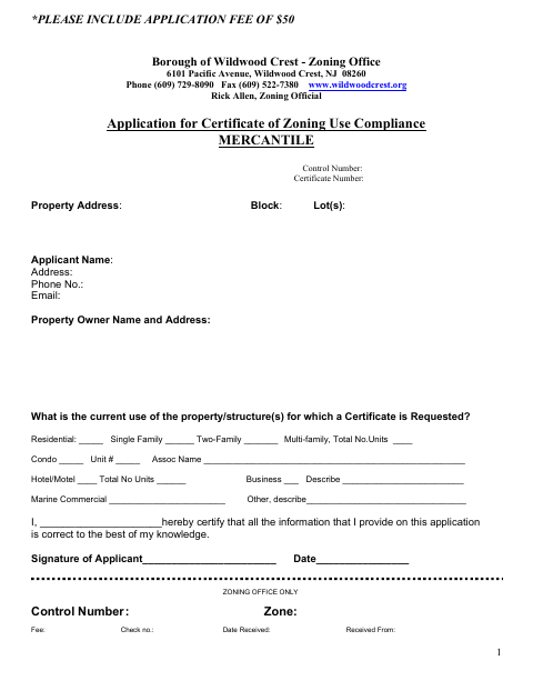 First page of the Application for Certificate of Zoning Use Compliance (Mercantile)