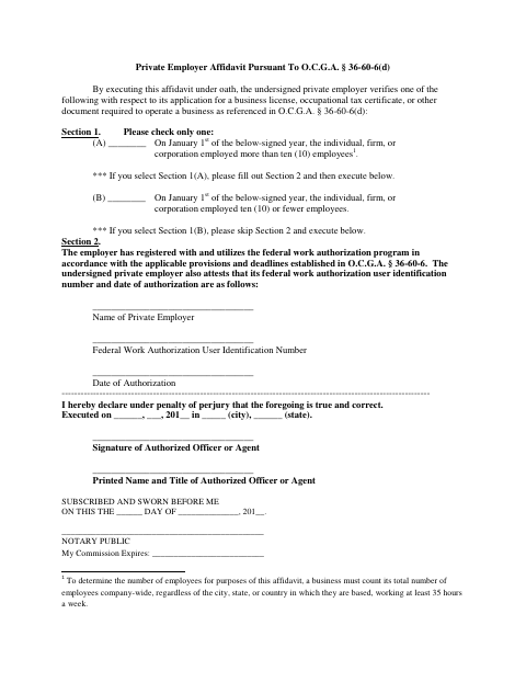 First page of the E-Verify Private Employer Affidavit