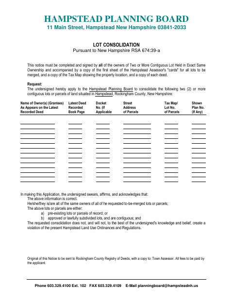 First page of the Lot Consolidation Form