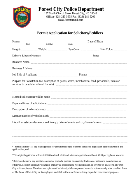 First page of the Permit Application for Solicitors and Peddlers