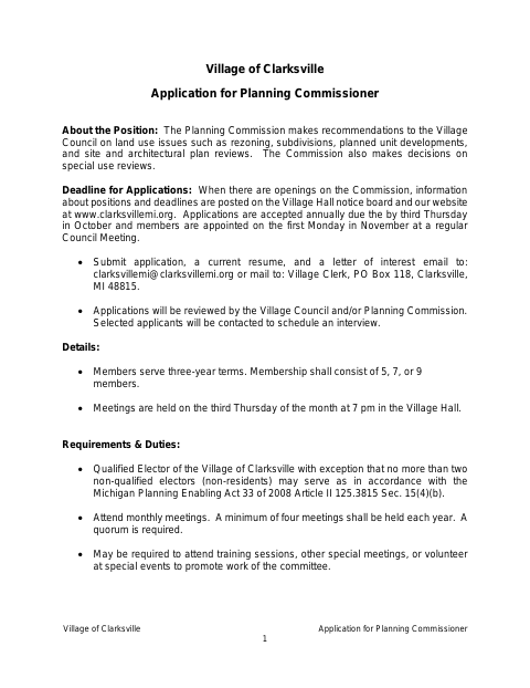 First page of the Planning Commissioner Application
