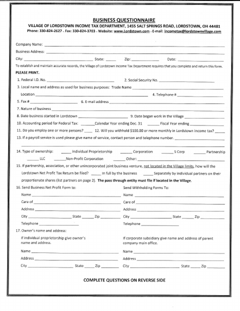First page of the Business Questionnaire