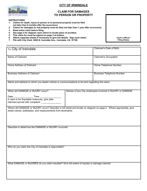 First page of the Claim for Damages to Person or Property
