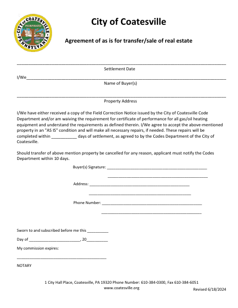 First page of the As-Is Agreement of Sale/Transfer