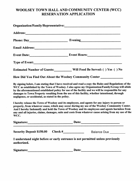 First page of the Woolsey Town Hall and Community Center Reservation Application