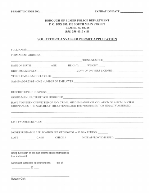 First page of the Solicitor Canvasser Permit Application