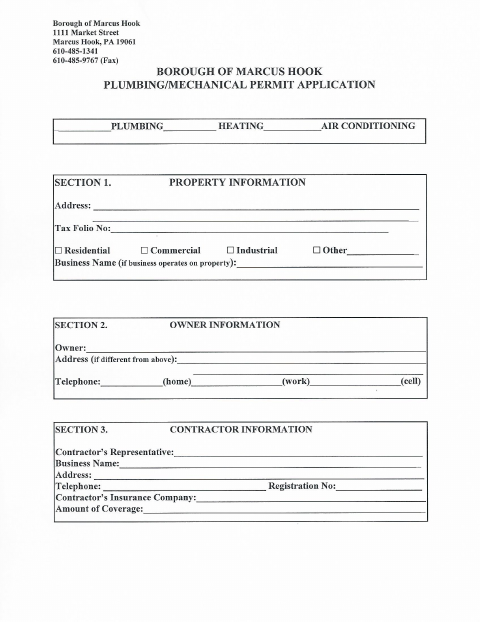 First page of the Plumbing and Mechanical Permit Application
