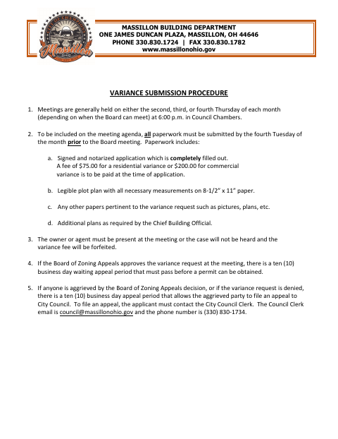 First page of the Variance Application Packet