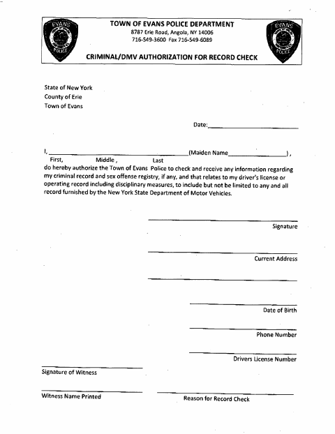First page of the Criminal/DMV Authorization for Record Check