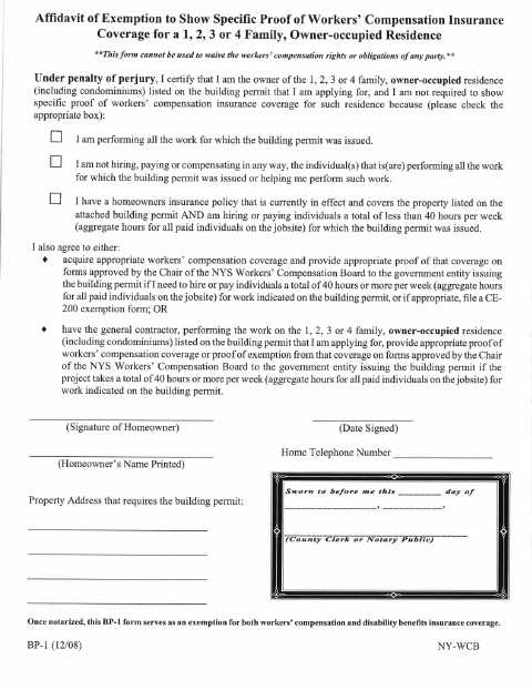 First page of the Homeowners Workers’ Compensation Exemption Affidavit