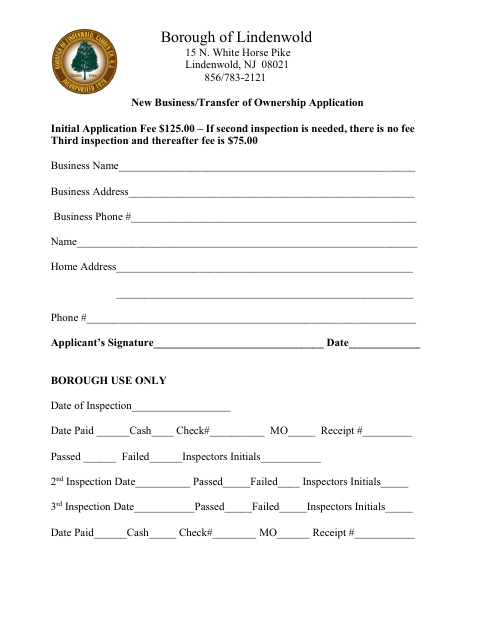 First page of the New Business/Transfer of Ownership Application
