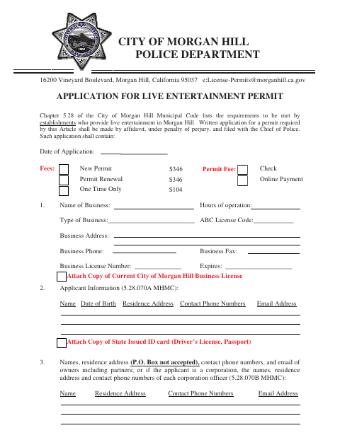 First page of the Application for Live Entertainment Permit