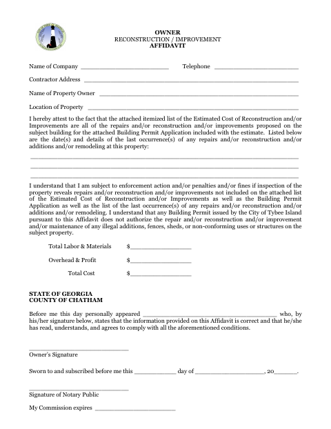 First page of the Reconstruction and Improvement Owner-Contractor Affidavit