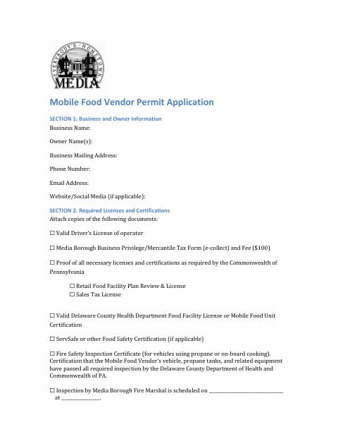First page of the Mobile Food Vendor Permit Application