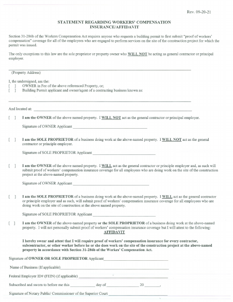 First page of the Statement Regarding Workers’ Compensation Insurance Affidavit
