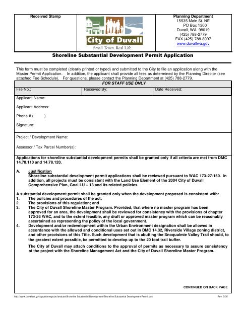 First page of the Shoreline Substantial Development Permit Application