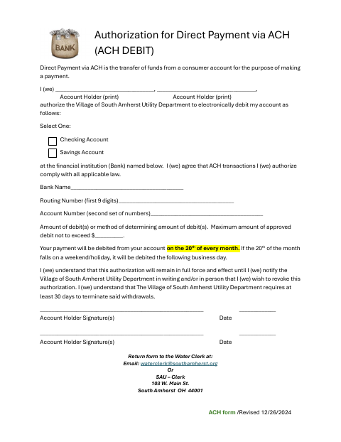 First page of the Authorization for Direct Payment via ACH (ACH Debit)