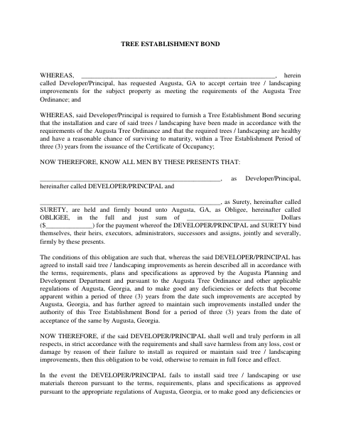 First page of the Tree Establishment Bond
