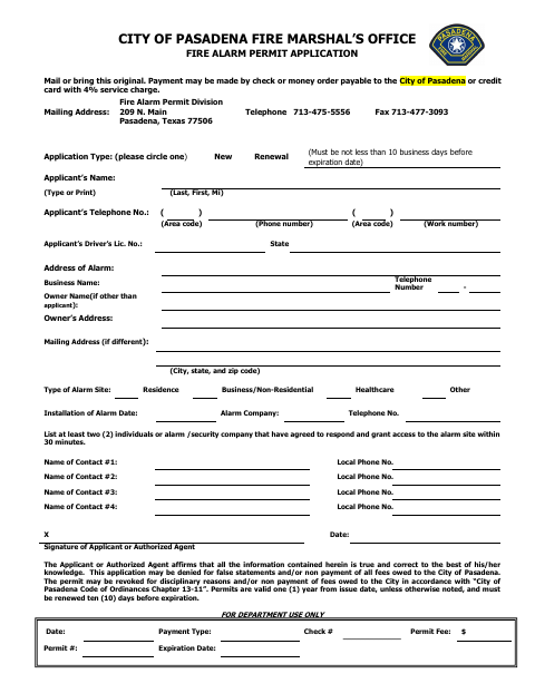 First page of the Fire Alarm Permit Application