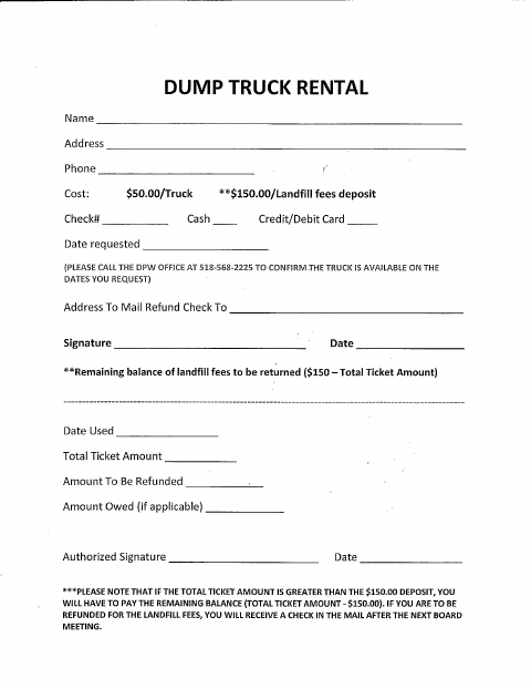 First page of the Dump Truck Rental Application