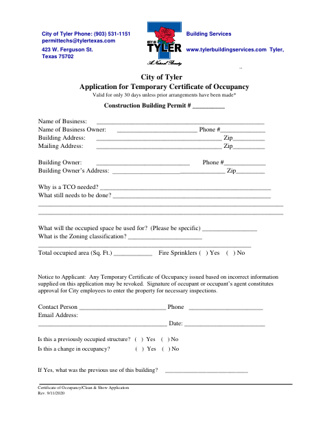 First page of the Application for Temporary Certificate of Occupancy