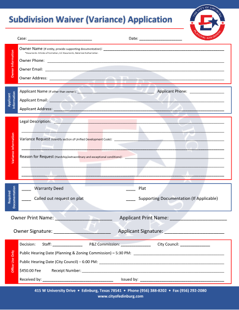 First page of the Subdivision Waiver (Variance) Application