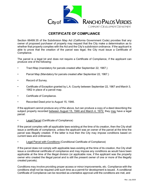 First page of the Certificate of Compliance