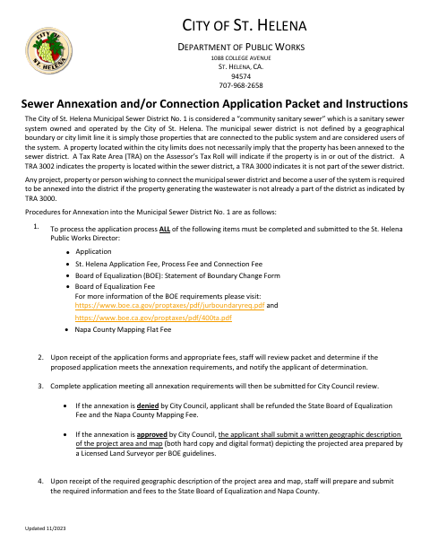 First page of the Sewer Annexation and/or Connection Application Packet and Instructions