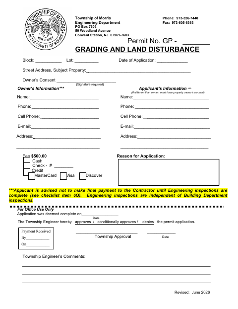 First page of the Grading And Land Disturbance Permit Application