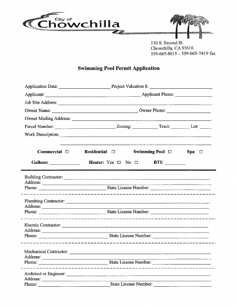 First page of the Swimming Pool Permit Application