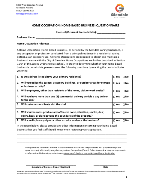 First page of the Home Occupation (Home-Based Business) Questionnaire