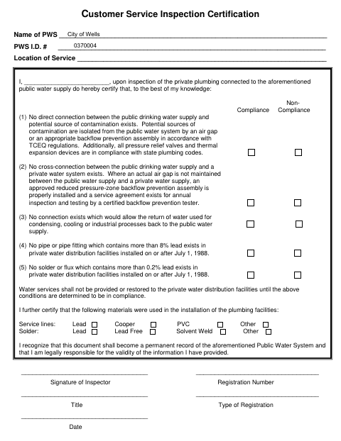 First page of the Customer Service Inspection Certification