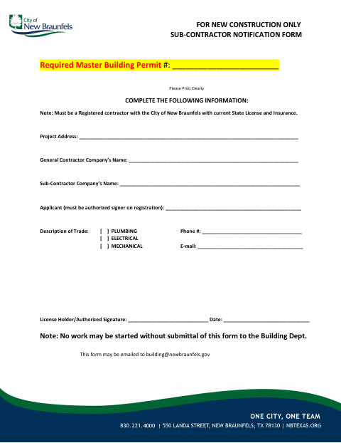 First page of the Sub-Contractor Notification Form