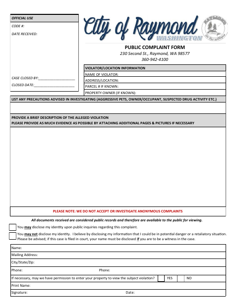 First page of the Public Complaint Form
