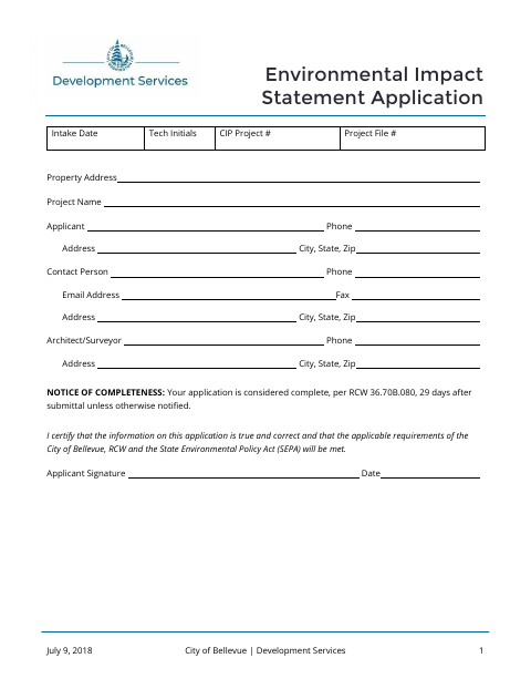 First page of the Environmental Impact Statement Application