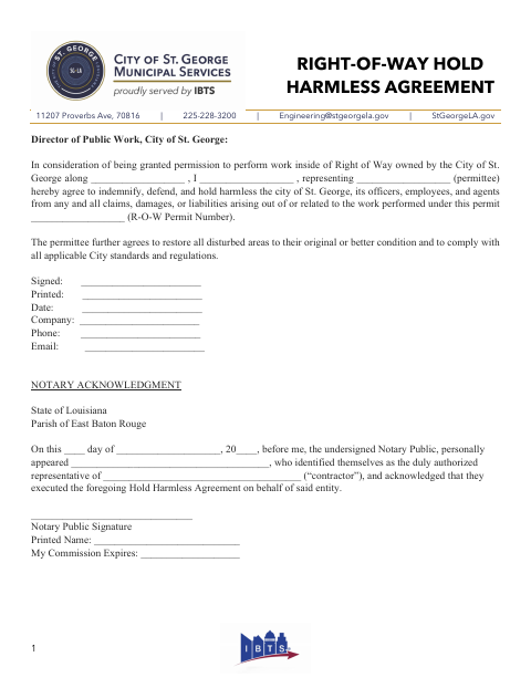 First page of the Right-of-Way Hold Harmless Agreement