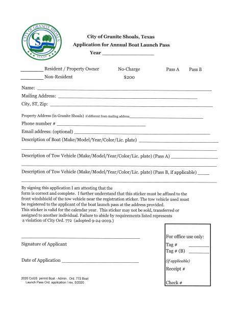 First page of the Application for Annual Boat Launch Pass