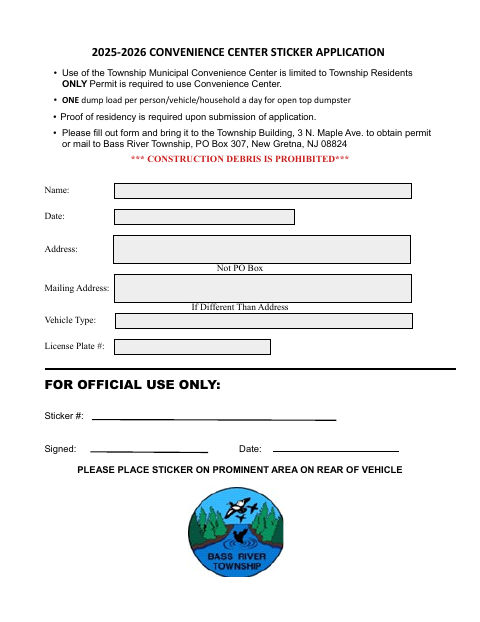 First page of the 2025-2026 Convenience Center Sticker Application