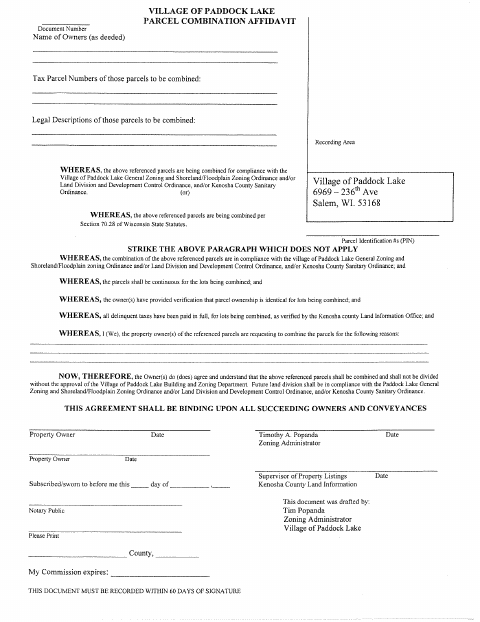 First page of the Parcel Combination Affidavit