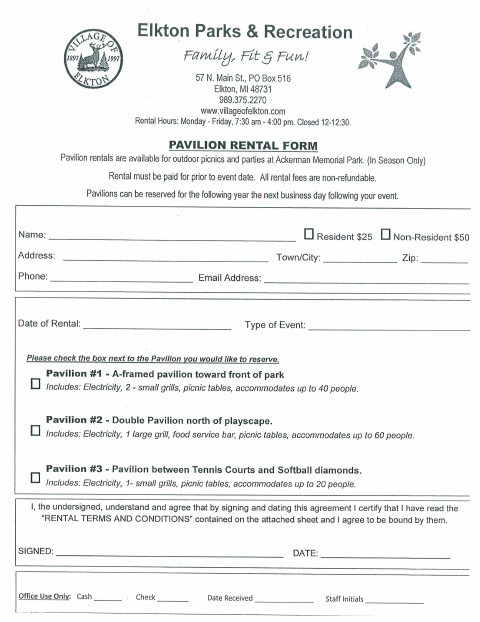 First page of the Pavilion Rental Form