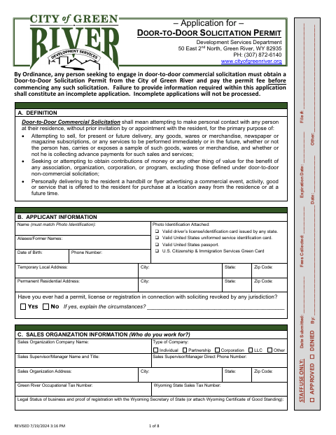 First page of the Door-to-Door Solicitation Permit