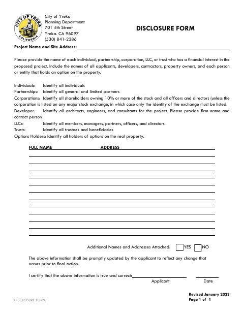 First page of the Disclosure Form