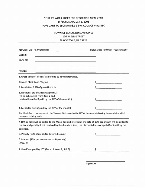 First page of the Seller's Worksheet for Reporting Meals Tax