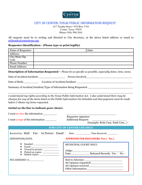 First page of the Public Information Request Form
