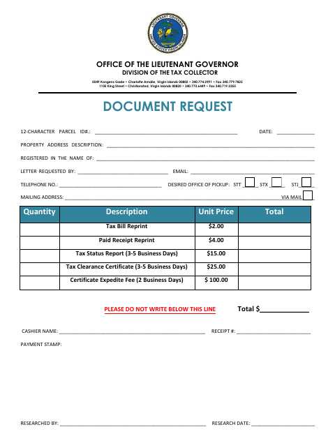 First page of the Collections Document Request