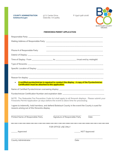 First page of the Fireworks Permit Application