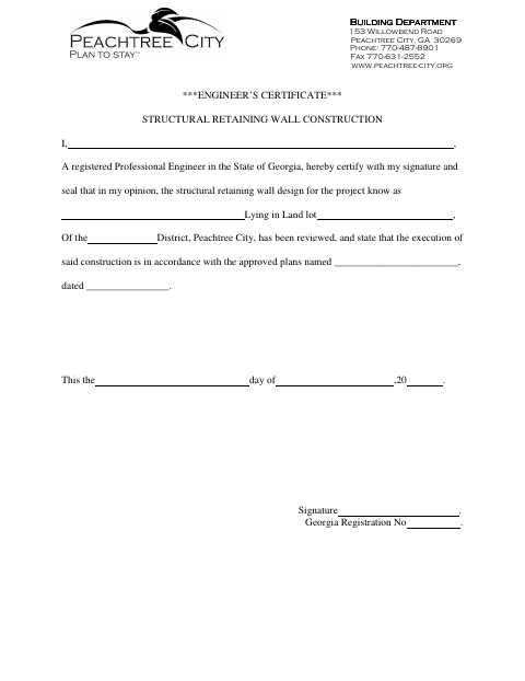 First page of the Engineer's Certificate of Retaining Wall Construction