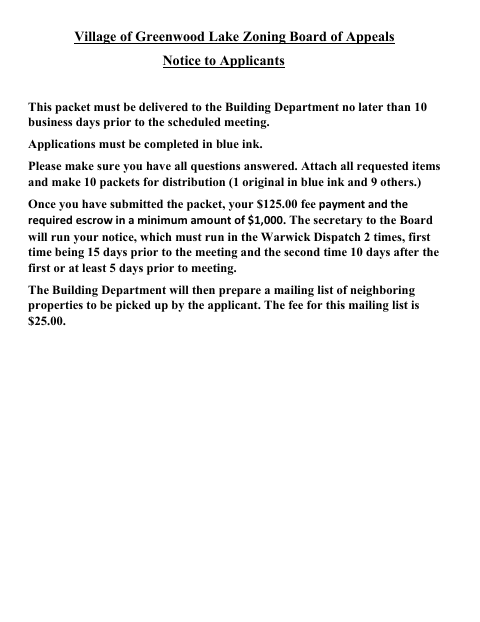 First page of the Zoning Board of Appeals Application